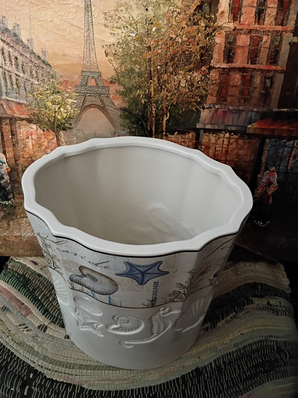 Avanti-White Ceramic Coastal Planter with Seashell Motif